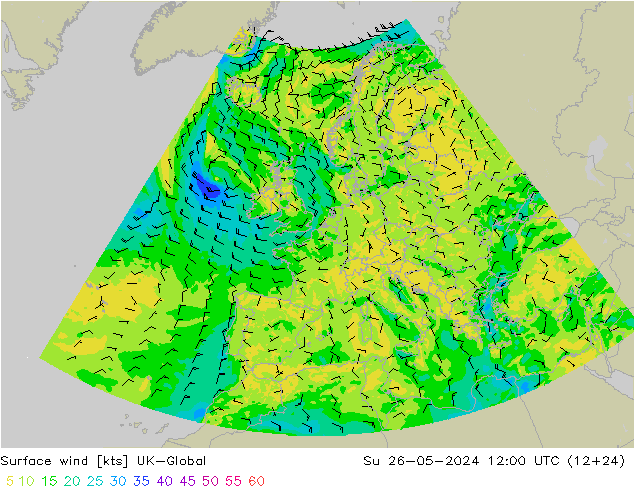 Vento 10 m UK-Global dom 26.05.2024 12 UTC