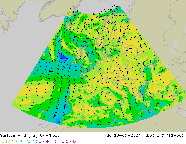 Wind 10 m UK-Global zo 26.05.2024 18 UTC
