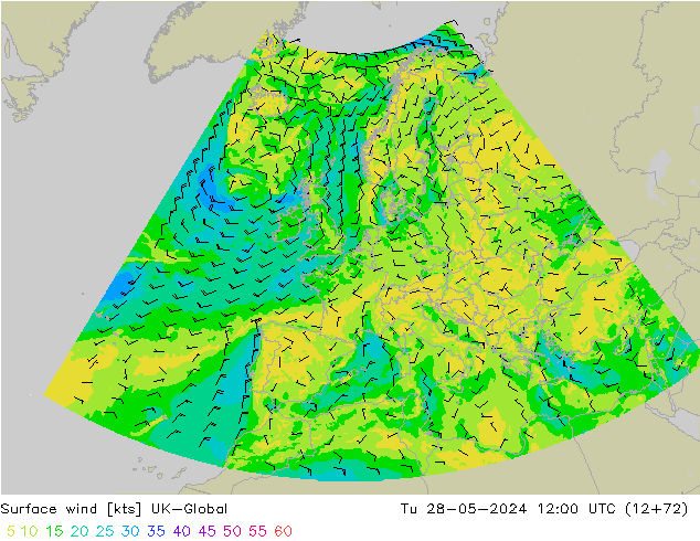 Surface wind UK-Global Út 28.05.2024 12 UTC