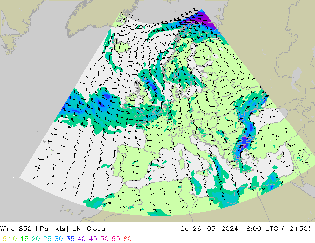 Wind 850 hPa UK-Global Su 26.05.2024 18 UTC