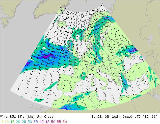 Wind 850 hPa UK-Global Tu 28.05.2024 06 UTC