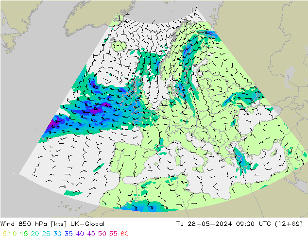 Wind 850 hPa UK-Global Tu 28.05.2024 09 UTC