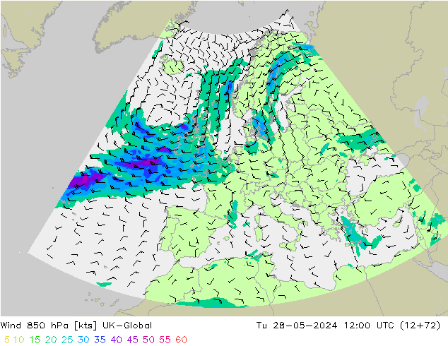 Wind 850 hPa UK-Global Di 28.05.2024 12 UTC