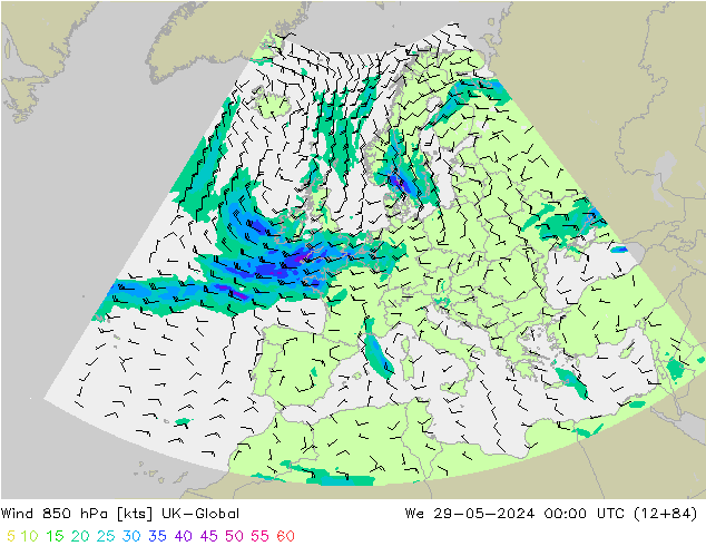 Wind 850 hPa UK-Global Mi 29.05.2024 00 UTC