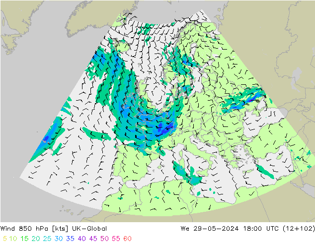 Wind 850 hPa UK-Global We 29.05.2024 18 UTC