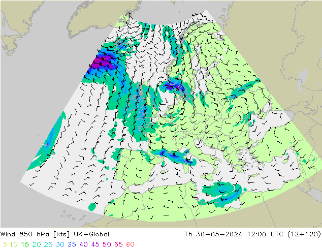 Wind 850 hPa UK-Global Do 30.05.2024 12 UTC
