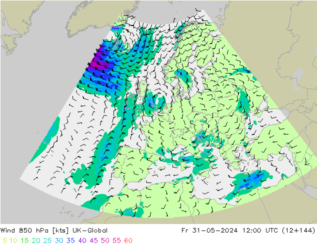 Wind 850 hPa UK-Global Fr 31.05.2024 12 UTC