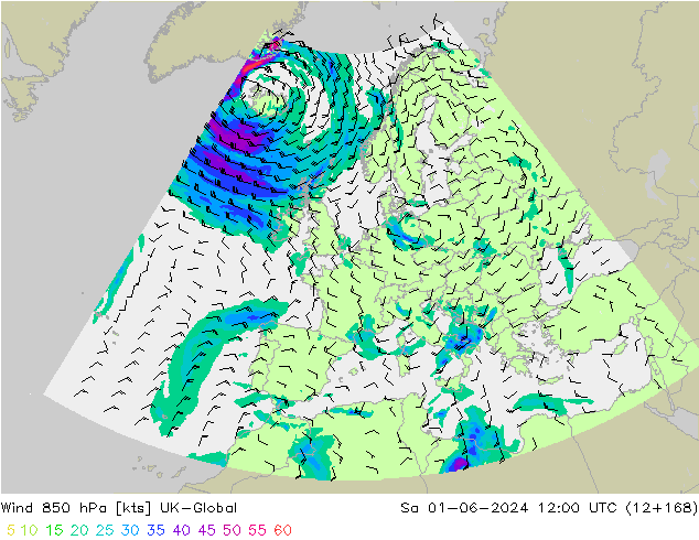 Vent 850 hPa UK-Global sam 01.06.2024 12 UTC