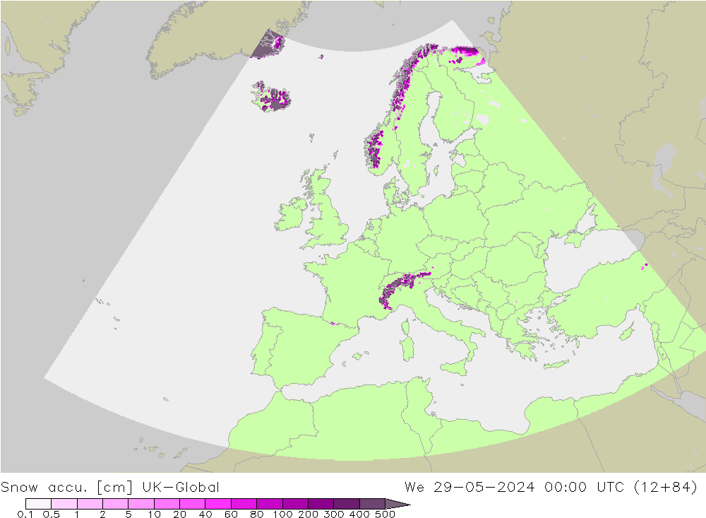 Snow accu. UK-Global śro. 29.05.2024 00 UTC