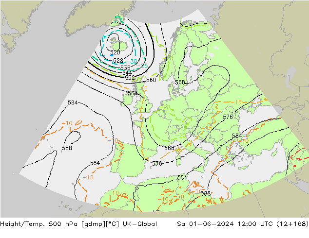 Height/Temp. 500 hPa UK-Global So 01.06.2024 12 UTC