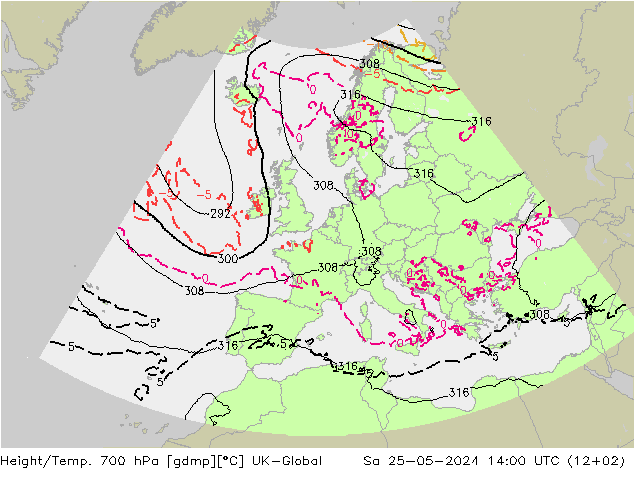 Height/Temp. 700 hPa UK-Global Sa 25.05.2024 14 UTC