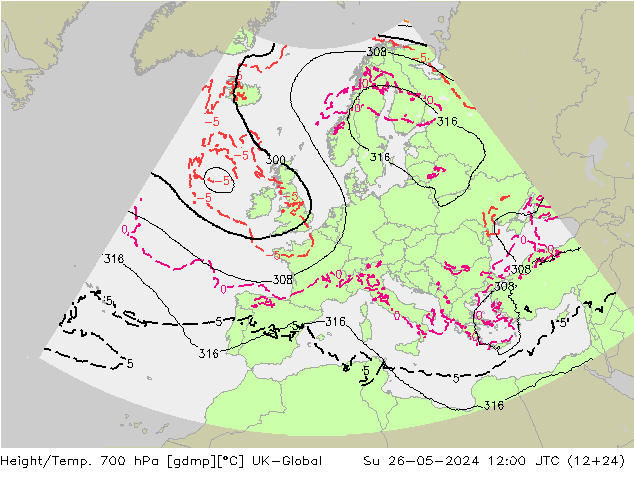 Height/Temp. 700 гПа UK-Global Вс 26.05.2024 12 UTC