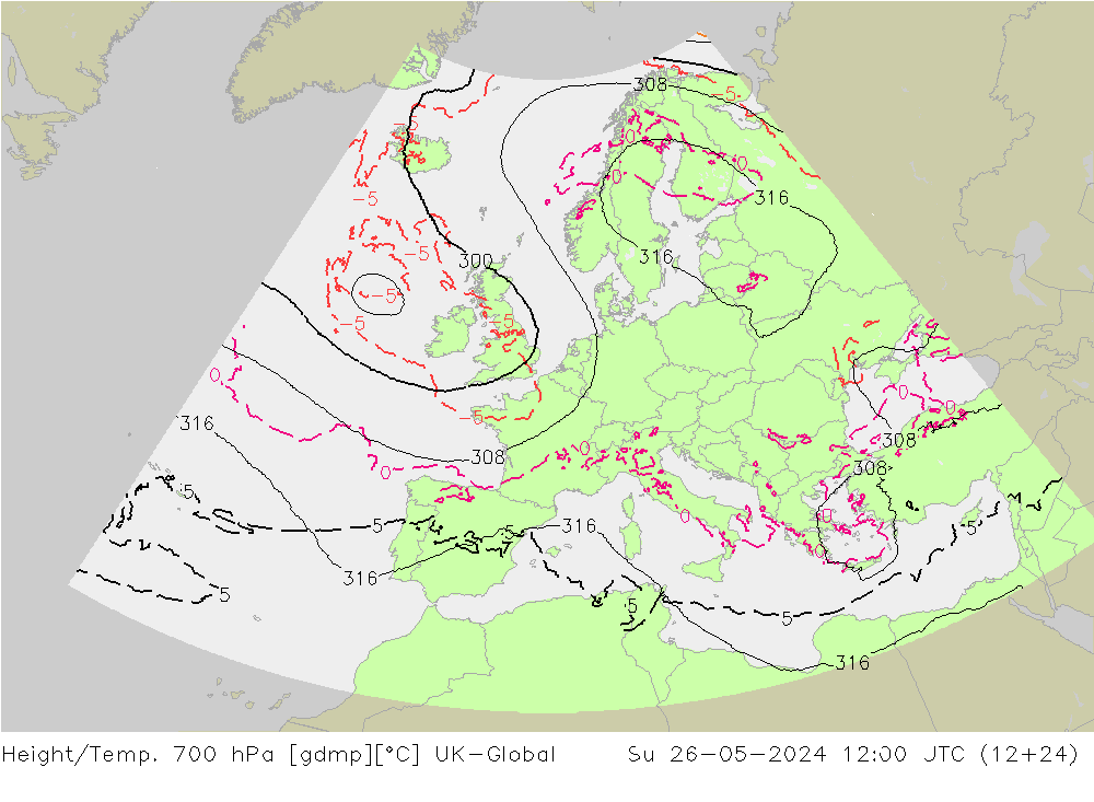 Height/Temp. 700 гПа UK-Global Вс 26.05.2024 12 UTC