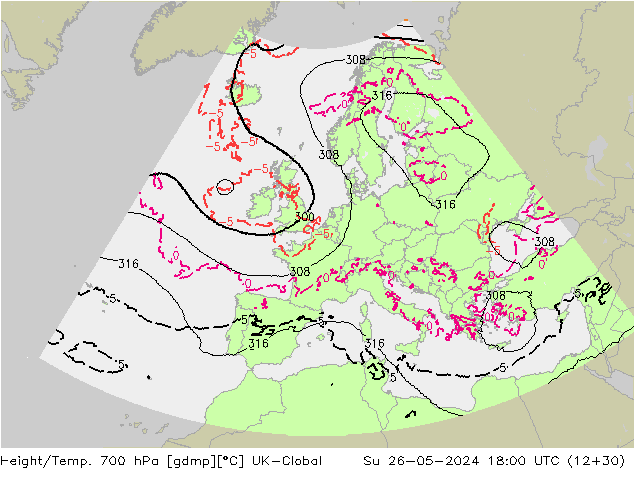 Height/Temp. 700 hPa UK-Global So 26.05.2024 18 UTC