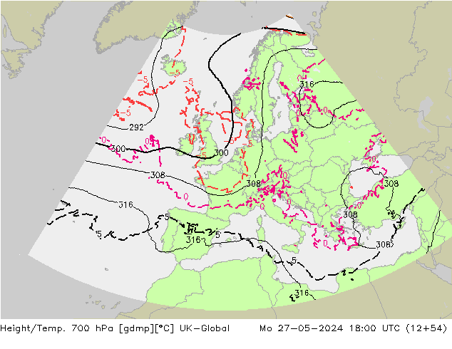 Height/Temp. 700 hPa UK-Global Mo 27.05.2024 18 UTC