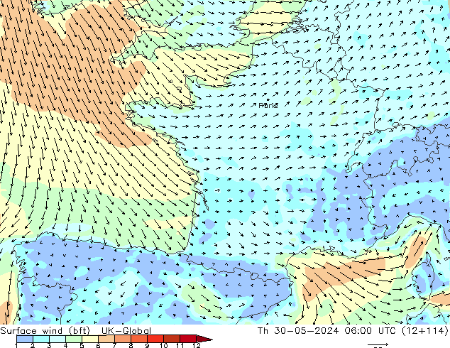 Surface wind (bft) UK-Global Čt 30.05.2024 06 UTC