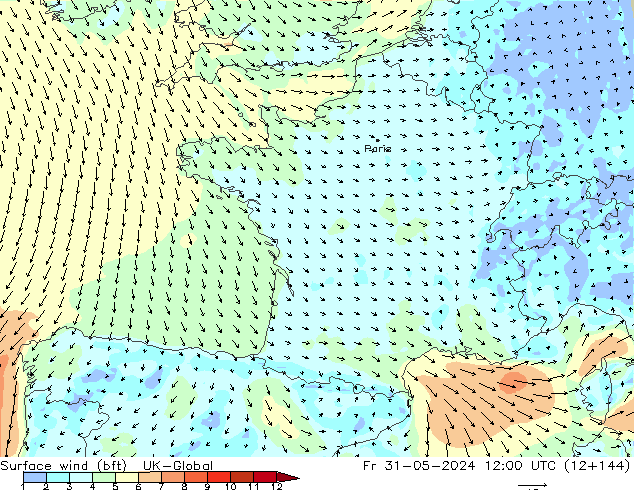 Viento 10 m (bft) UK-Global vie 31.05.2024 12 UTC