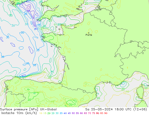 Isotachs (kph) UK-Global сб 25.05.2024 18 UTC