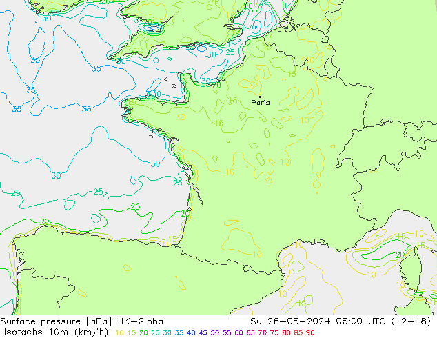 Eşrüzgar Hızları (km/sa) UK-Global Paz 26.05.2024 06 UTC