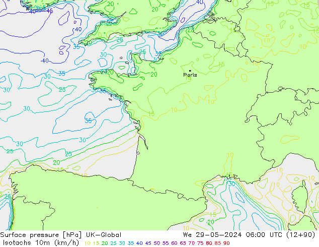 Isotachs (kph) UK-Global We 29.05.2024 06 UTC