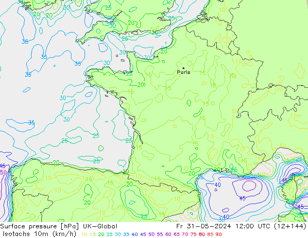 Isotachs (kph) UK-Global Fr 31.05.2024 12 UTC