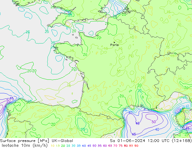 Isotachs (kph) UK-Global sam 01.06.2024 12 UTC