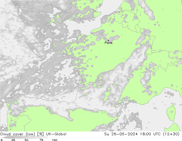 Cloud cover (low) UK-Global Su 26.05.2024 18 UTC