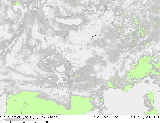 Cloud cover (low) UK-Global Fr 31.05.2024 12 UTC