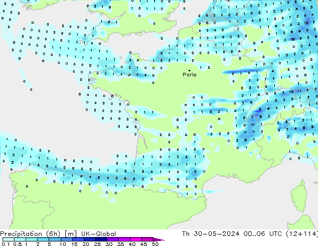 Precipitation (6h) UK-Global Čt 30.05.2024 06 UTC