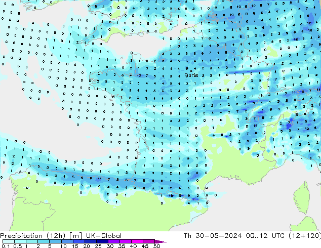 Precipitación (12h) UK-Global jue 30.05.2024 12 UTC