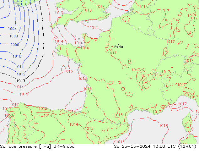 Presión superficial UK-Global sáb 25.05.2024 13 UTC