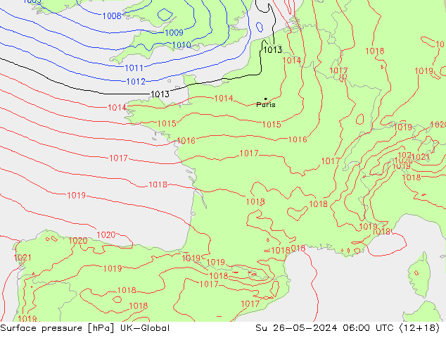 Pressione al suolo UK-Global dom 26.05.2024 06 UTC