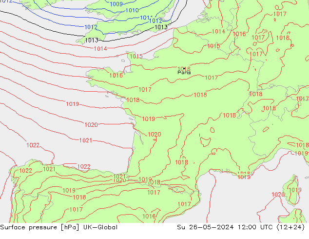 Presión superficial UK-Global dom 26.05.2024 12 UTC