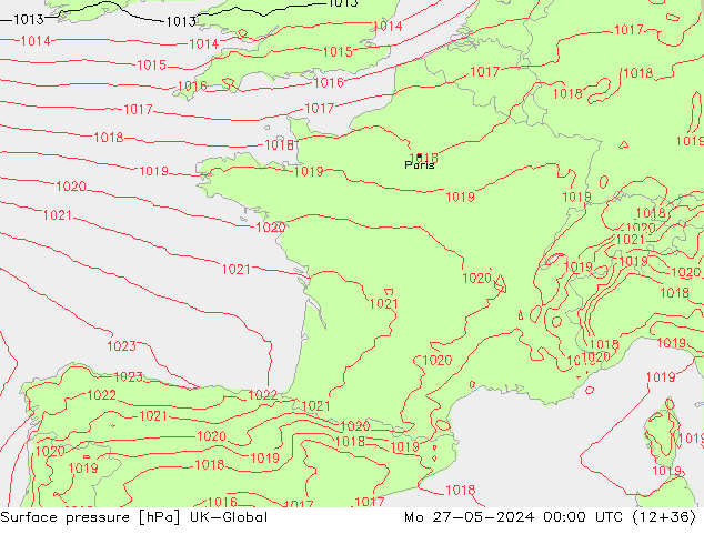 Surface pressure UK-Global Mo 27.05.2024 00 UTC