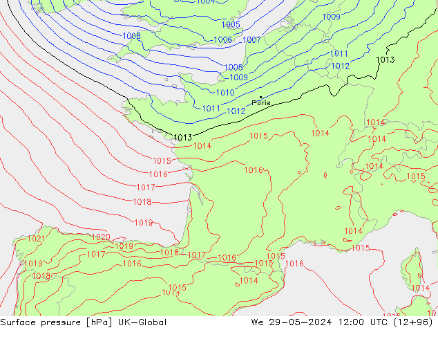 Pressione al suolo UK-Global mer 29.05.2024 12 UTC