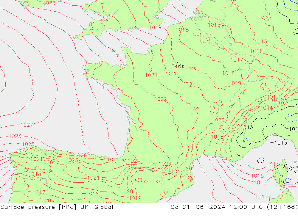 Presión superficial UK-Global sáb 01.06.2024 12 UTC