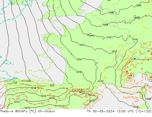 Theta-e 850hPa UK-Global Th 30.05.2024 12 UTC