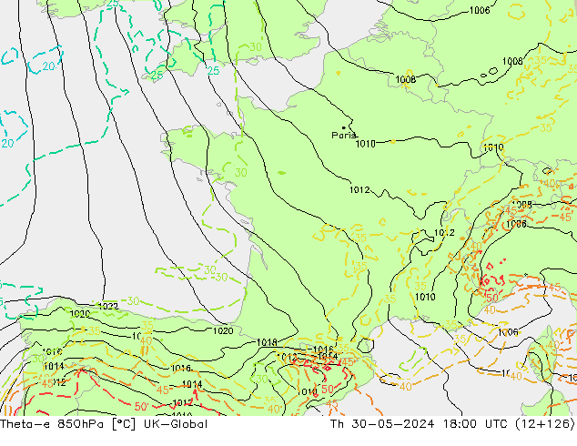 Theta-e 850hPa UK-Global Th 30.05.2024 18 UTC