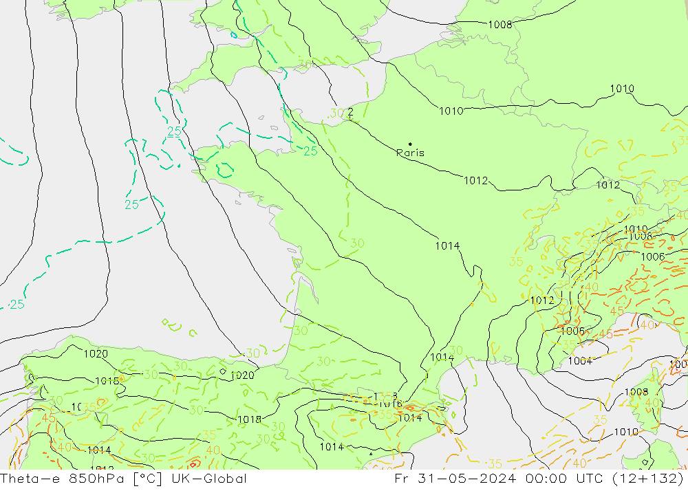 Theta-e 850hPa UK-Global  31.05.2024 00 UTC