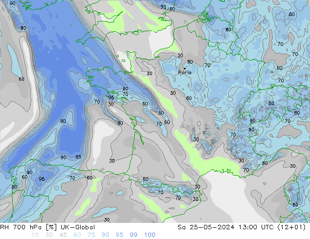 RH 700 hPa UK-Global sab 25.05.2024 13 UTC