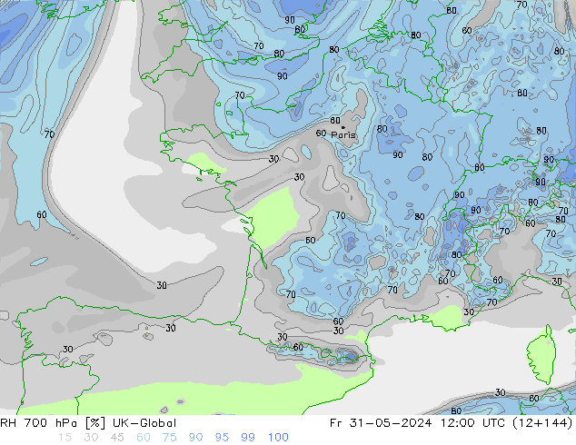 RH 700 hPa UK-Global Fr 31.05.2024 12 UTC