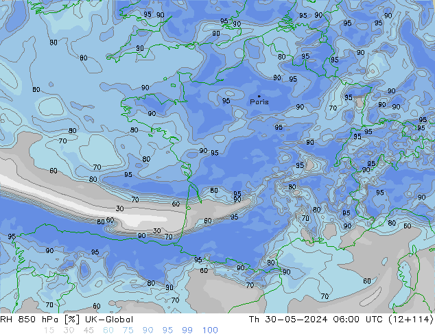 RH 850 hPa UK-Global Čt 30.05.2024 06 UTC