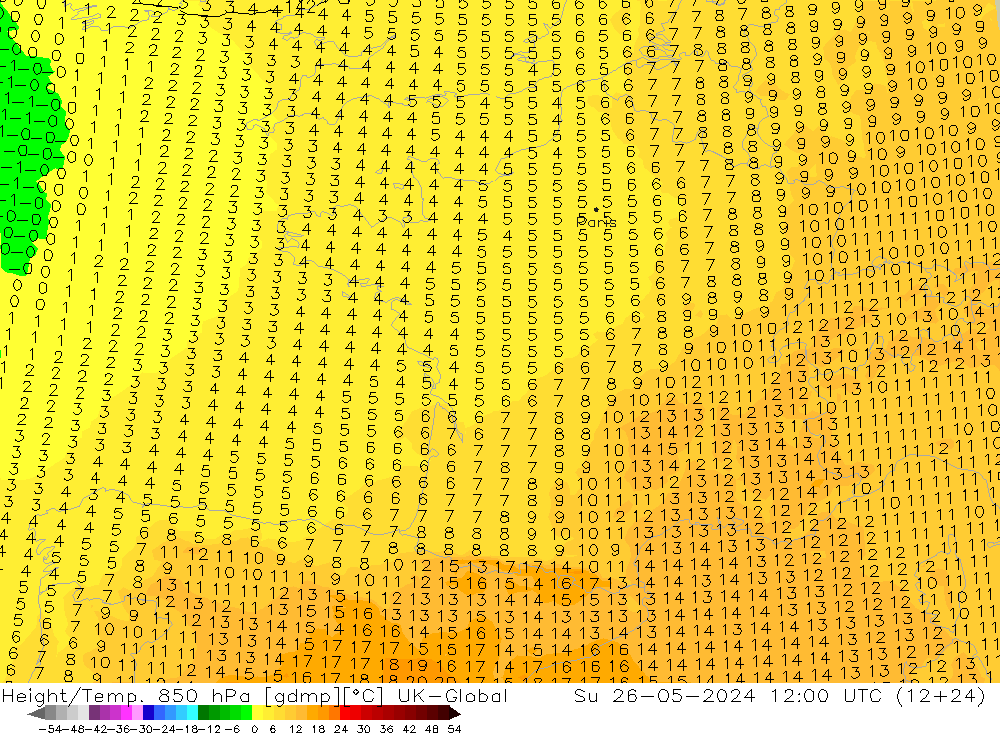 Yükseklik/Sıc. 850 hPa UK-Global Paz 26.05.2024 12 UTC