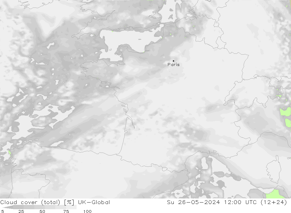 Cloud cover (total) UK-Global Su 26.05.2024 12 UTC