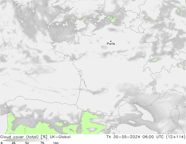 Cloud cover (total) UK-Global Čt 30.05.2024 06 UTC