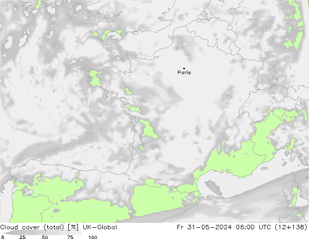 Cloud cover (total) UK-Global Pá 31.05.2024 06 UTC