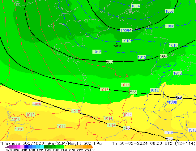 Thck 500-1000hPa UK-Global Čt 30.05.2024 06 UTC