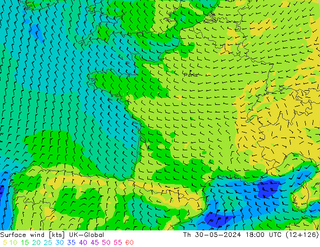 Surface wind UK-Global Th 30.05.2024 18 UTC