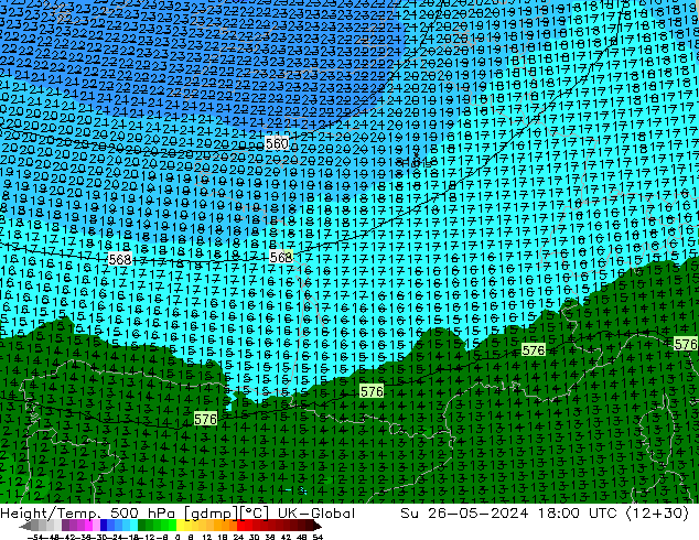 Height/Temp. 500 hPa UK-Global So 26.05.2024 18 UTC