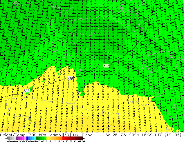 Height/Temp. 700 гПа UK-Global сб 25.05.2024 18 UTC